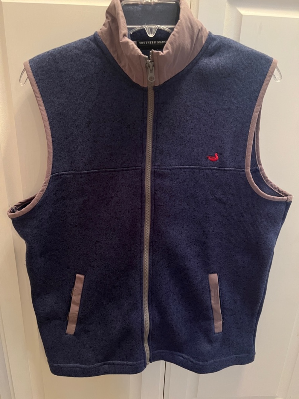 Southern Marsh Fieldtec Navy Fleece Vest with Taupe Trim and Red Logo